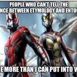 Antman | PEOPLE WHO CAN’T TELL THE DIFFERENCE BETWEEN ETYMOLOGY AND ENTOMOLOGY; BUG ME MORE THAN I CAN PUT INTO WORDS | image tagged in ant man and the wasp | made w/ Imgflip meme maker