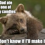 Sad bear Cub | Dad ate one of my candies; don't know if I'll make it | image tagged in sad bear cub,dad,candy,bear | made w/ Imgflip meme maker