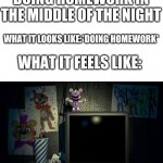 Õ_Õ | DOING HOMEWORK IN THE MIDDLE OF THE NIGHT; WHAT IT LOOKS LIKE:*DOING HOMEWORK*; WHAT IT FEELS LIKE: | image tagged in fnaf 6 screen,homework,fnaf | made w/ Imgflip meme maker