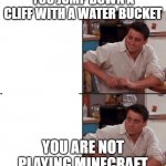 minecraft but your not in minecraft | YOU JUMP DOWN A CLIFF WITH A WATER BUCKET; YOU ARE NOT PLAYING MINECRAFT | image tagged in joey delayed | made w/ Imgflip meme maker