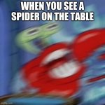 Mr. Krabs and the spider | WHEN YOU SEE A SPIDER ON THE TABLE | image tagged in mr crabs,spider,mr krabs,spongebob,memes,funny memes | made w/ Imgflip meme maker