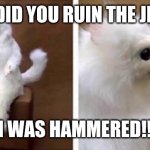 White monkey | WHY DID YOU RUIN THE JERKY? I WAS HAMMERED!! | image tagged in white monkey | made w/ Imgflip meme maker