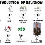 Rickroll never dies! | RICKROLL | image tagged in the evolution of religion,rickroll,memes | made w/ Imgflip meme maker