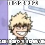 Bakugo sero smile | THIS IS BAKUGO; BAKUGO SAYS YOU IS AWSOME | image tagged in bakugo sero smile | made w/ Imgflip meme maker