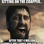 Extremely potent hot sauce....its rough going in, but its bloody awful coming out. | YOUR FACE WHILE SITTING ON THE CRAPPER... AFTER THAT 4 MILLION SCOVILLE HOT SAUCE YOU ATE LAST NIGHT FINALLY MAKES IT'S EXIT | image tagged in confused screaming,hot sauce | made w/ Imgflip meme maker
