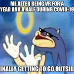 Derp Sonic | ME AFTER BEING VR FOR A YEAR AND A HALF DURING COVID-19; FINALLY GETTING TO GO OUTSIDE | image tagged in derp sonic | made w/ Imgflip meme maker