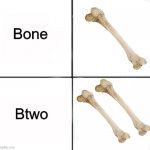 Btwo | Bone; Btwo | image tagged in bone,memes,funny,bones,two | made w/ Imgflip meme maker