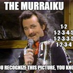Bill Murray Lounge Singer | THE MURRAIKU; 1-2
1-2-3-4-5
1-2-3-3-5
1-2-3-4; IF YOU RECOGNIZE THIS PICTURE, YOU KNOW ... | image tagged in bill murray lounge singer | made w/ Imgflip meme maker