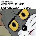 Home is where the heart is | EVERYONE ELSE AT THE ZOO:; ME: MAKING MYSELF FEEL AT HOME | image tagged in disturbed tom,zoo,cage | made w/ Imgflip meme maker