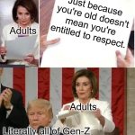 It's true tho | Just because you're old doesn't mean you're entitled to respect. Adults; Adults; Literally all of Gen-Z | image tagged in nancy pelosi tears speech,memes,fun | made w/ Imgflip meme maker