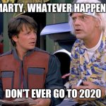BTTF 2020 | MARTY, WHATEVER HAPPENS; DON'T EVER GO TO 2020 | image tagged in 2015 bttf | made w/ Imgflip meme maker