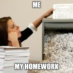 bored shredder paper woman | ME; MY HOMEWORK | image tagged in bored shredder paper woman | made w/ Imgflip meme maker
