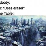 True? | Nobody:; Me: *Uses eraser*; The Table: | image tagged in earthquake,funny,memes,school,school supplies | made w/ Imgflip meme maker