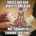 Oh no | ROSES ARE RED 
VIOLETS ARE BLUE; MR. SQUABS IS COMING FOR YOU... | image tagged in mr squabs | made w/ Imgflip meme maker
