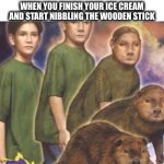 Now you will think of this every time you chew on a popsicle stick | WHEN YOU FINISH YOUR ICE CREAM AND START NIBBLING THE WOODEN STICK | image tagged in transformer,ice cream,stick,child,beaver,memes | made w/ Imgflip meme maker