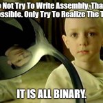 It is all binary | Do Not Try To Write Assembly. That's Impossible. Only Try To Realize The Truth. IT IS ALL BINARY. | image tagged in matrix there is no spoon boy | made w/ Imgflip meme maker