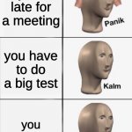 Kalm, Panik, Kalm, Kalm, wait what? PANIK!!!!! | its a good day your late for a meeting you have to do a big test you didn't study YOU DIDN"T STUDY | image tagged in kalm panik kalm kalm wait what panik | made w/ Imgflip meme maker