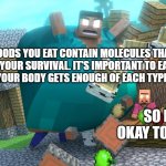 I'm fat but it's ok. I love myself. | THE FOODS YOU EAT CONTAIN MOLECULES THAT ARE ESSENTIAL TO YOUR SURVIVAL. IT'S IMPORTANT TO EAT A BALANCED DIET SO THAT YOUR BODY GETS ENOUGH OF EACH TYPE OF MOLECULE. SO ITS OKAY TO BE FAT | image tagged in smash da wall fat herobrine | made w/ Imgflip meme maker
