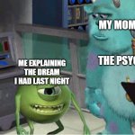 mike explaining meme | MY MOM                                                                      THE PSYCHOLOGIST; ME EXPLAINING THE DREAM I HAD LAST NIGHT | image tagged in mike explaining meme | made w/ Imgflip meme maker