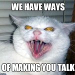 we have ways of making you talk | WE HAVE WAYS; OF MAKING YOU TALK | image tagged in evil cat | made w/ Imgflip meme maker