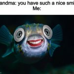 Smile for me fishy boy | Grandma: you have such a nice smile!
Me: | image tagged in smiling fish meme | made w/ Imgflip meme maker