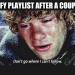 dont go where i cant follow | MY SPOTIFY PLAYLIST AFTER A COUPLE HOURS | image tagged in dont go where i cant follow | made w/ Imgflip meme maker