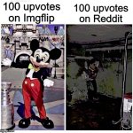Good and bad | 100 upvotes on Reddit; 100 upvotes on Imgflip | image tagged in mickey good bad,memes,funny,imgflip,reddit | made w/ Imgflip meme maker