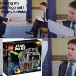lego meme | me showing my mom the lego set I want for my birthday; my mom; my mom | image tagged in trump interview,lego,legos,lego star wars,donald trump | made w/ Imgflip meme maker