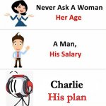 Charlie, his plan | Charlie; His plan | image tagged in never ask a woman her age,charlie,henry stickmin | made w/ Imgflip meme maker