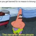 No one seemed to do so yet. Vent. | When you get banned for no reason in Among Us: | image tagged in patrick the nerve of some people,patrick,patrick star,among us,banned,spongebob | made w/ Imgflip meme maker