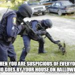 Suspicious | WHEN YOU ARE SUSPICIOUS OF EVERYONE WHO GOES BY YOUR HOUSE ON HALLOWEEN | image tagged in fight crime later pet kitty now | made w/ Imgflip meme maker