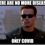 All Other Diseases . . . .Terminated | THERE ARE NO MORE DISEASES; ONLY COVID | image tagged in arnold schwarzenegger terminator | made w/ Imgflip meme maker