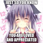 To help your day | JUST SO YOU KNOW; YOU ARE LOVED AND APPRECIATED | image tagged in nekoa | made w/ Imgflip meme maker