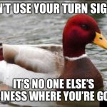 Malicious Advice Mallard | DON’T USE YOUR TURN SIGNAL IT’S NO ONE ELSE’S BUSINESS WHERE YOU’RE GOING | image tagged in memes,malicious advice mallard | made w/ Imgflip meme maker