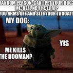Baby Yoda | RANDOM PERSON: CAN I PET YOUR DOG?
ME: HELL NO!! HE’LL RIP YOU ARMS OFF AND SLIT YOUR THROAT!! MY DOG:; YIS; ME KILLS THE HOOMAN? | image tagged in baby yoda | made w/ Imgflip meme maker