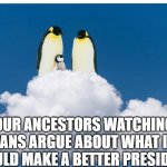 presidential penguins | OUR ANCESTORS WATCHING HUMANS ARGUE ABOUT WHAT IDIOT WOULD MAKE A BETTER PRESIDENT | image tagged in penguins watching | made w/ Imgflip meme maker