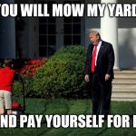 Promise | YOU WILL MOW MY YARD; AND PAY YOURSELF FOR IT | image tagged in trump lawn mower | made w/ Imgflip meme maker