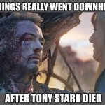 That’s when it all started | THINGS REALLY WENT DOWNHILL; AFTER TONY STARK DIED | image tagged in tony stark,2020,downhill,hero,we need another snap,memes | made w/ Imgflip meme maker