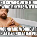 Zach's Shower Thoughts | WIND RHYMES WITH BINNED BUT WIND RHYMES WITH BIND; WOUND AND WOUND ARE COMPLETELY UNRELATED WORDS | image tagged in zach's shower thoughts,memes | made w/ Imgflip meme maker