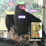 Infinity bruhs | BRUH; BRUH; BRUH; BRUH; BRUH; BRUH GAUNTLET | image tagged in bruh vulture | made w/ Imgflip meme maker
