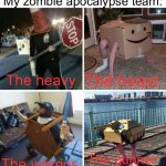 My team | My zombie apocalypse team:; The heavy; The beast; The gunner; The warrior | image tagged in four horsemen | made w/ Imgflip meme maker