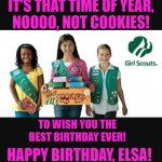 Girl scout | IT'S THAT TIME OF YEAR,
NOOOO, NOT COOKIES! TO WISH YOU THE BEST BIRTHDAY EVER! HAPPY BIRTHDAY, ELSA! | image tagged in girl scout | made w/ Imgflip meme maker