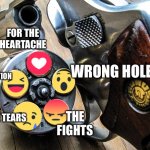 Relationship gun | FOR THE HEARTACHE; WRONG HOLE; THE HUMILIATION; THE TEARS; THE FIGHTS | image tagged in revolver of emotions | made w/ Imgflip meme maker