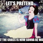 Let's pretend... | LET'S PRETEND... THAT THE GRASS IS NOW GONNA BE WATER. | image tagged in burp snow white | made w/ Imgflip meme maker