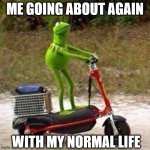 kermit broom broom | ME GOING ABOUT AGAIN; WITH MY NORMAL LIFE | image tagged in kermit broom broom | made w/ Imgflip meme maker