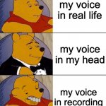 Winnie Pooh | my voice in real life; my voice in my head; my voice in recording | image tagged in winnie pooh | made w/ Imgflip meme maker
