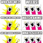 WHO ARE WE?! WEEBSSSS! | WHO ARE WE?! WEEBS! WHAT ARE WE GONNA DO?! WATCH ANIME! ARE WE GONNA SLEEP?! WHATS SLEEP?! | image tagged in memes,what do we want 3 | made w/ Imgflip meme maker