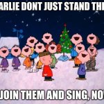 Charlie Brown Christmas  | CHARLIE DONT JUST STAND THERE; GO JOIN THEM AND SING, NOW!! | image tagged in charlie brown christmas | made w/ Imgflip meme maker