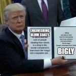 Donald Trump Signs Bill | ENGINEERING BLOW GOATS; BIGLY | image tagged in donald trump signs bill | made w/ Imgflip meme maker