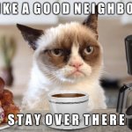 You will only understand this if you remember the statefarm add | L I K E  A  G O O D  N E I G H B O R; S T A Y  O V E R  T H E R E | image tagged in grumpy cat cafe | made w/ Imgflip meme maker